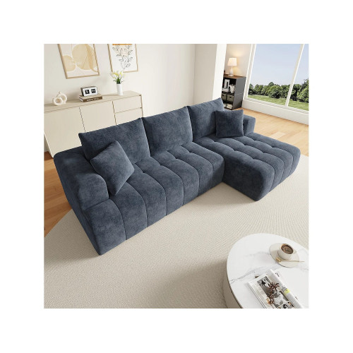 Sofá modular 3 plazas ángulo derecho, chenilla azul, 3 cojines, 2 orejeros, chaise, 244.5x136x79cm