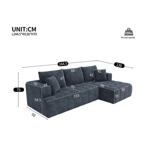 Sofá modular 3 plazas ángulo derecho, chenilla azul, 3 cojines, 2 orejeros, chaise, 244.5x136x79cm