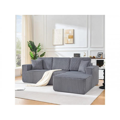 Sofá modular 3 plazas ángulo derecho terciopelo acanalado, 2 cojines, chaise longue 128cm, Gris