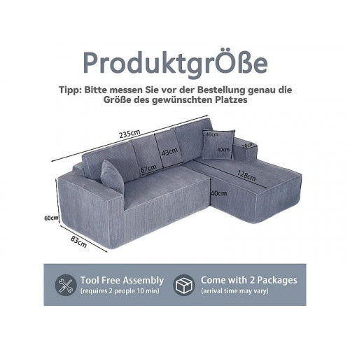 Sofá modular 3 plazas ángulo derecho terciopelo acanalado, 2 cojines, chaise longue 128cm, Gris