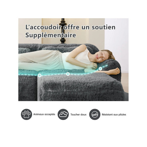 Sofá Modular 3 plazas en tela peluche, con 3 cojines, sin estructura, 291x104x73cm, Gris