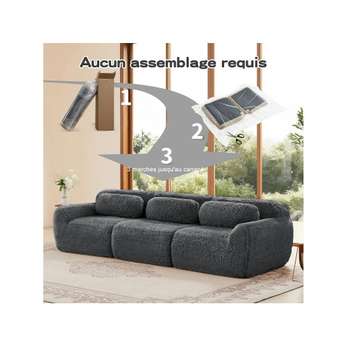 Sofá Modular 3 plazas en tela peluche, con 3 cojines, sin estructura, 291x104x73cm, Gris