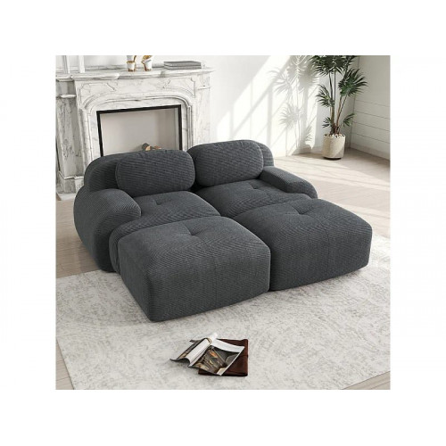 Sofá modular de pana - 2 plazas - con 2 cojines y 2 pouf - base antideslizante - 208x178x70cm - Gris