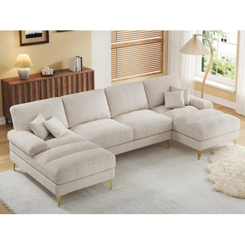 Sofá modular en U (272x136x88 cm) - 6 plazas en chenilla - Convertible en cama - Configuración relax