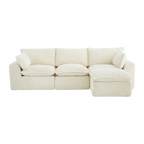 Sofá rinconera modular con puf de pana gruesa beige CYROMA