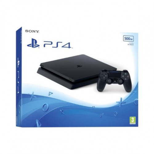 Sony PlayStation 4 Slim de 500 GB, con 1 mando inalámbrico DUALSHOCK 4 V2, chasis F, color negro (Jet Black)