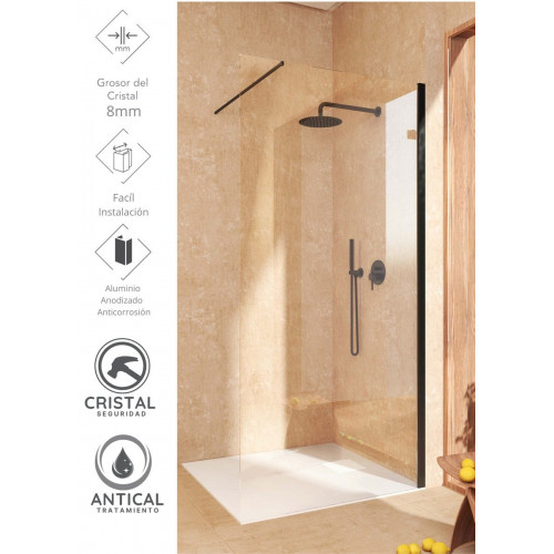 SOULHOME Mampara de ducha Panel Fijo, 60 cm ancho x 200 cm alto, Perfil Negro mate, Fácil instalación Vidrio de seguridad 8 mm antical