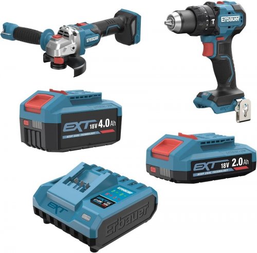 Taladro percutor 18v 75nm y amoladora 18v 125mm brushless 2x2 y 4ah erbauer