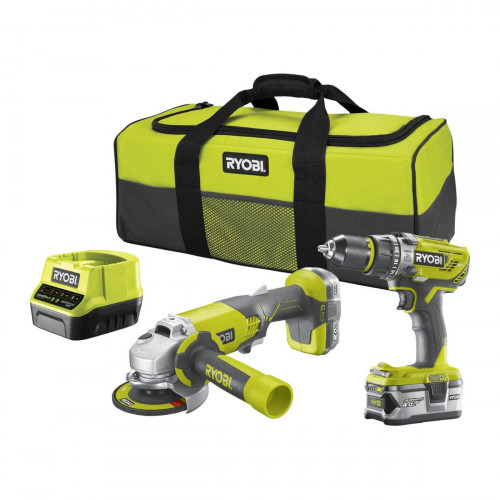 Taladro percutor a batería RYOBI 18V - 2 baterias - 1 punta de atornillar doble, 1 empuñadura auxiliar de la amoladora, 1 llave, 1 protector de disco, 1 disco de amolar - R18PDAG-242S
