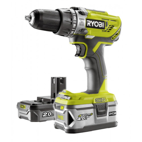 Taladro percutor a batería RYOBI 18V - 2 baterias - 1 punta de atornillar doble, 1 empuñadura auxiliar de la amoladora, 1 llave, 1 protector de disco, 1 disco de amolar - R18PDAG-242S