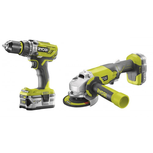 Taladro percutor a batería RYOBI 18V - 2 baterias - 1 punta de atornillar doble, 1 empuñadura auxiliar de la amoladora, 1 llave, 1 protector de disco, 1 disco de amolar - R18PDAG-242S