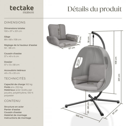TECTAKE Tumbona colgante con estructura Con cojín de asiento extra grueso, giratorio 360°