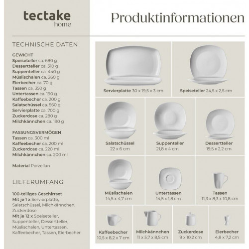 TecTake White 100-piece tableware set for 12 people