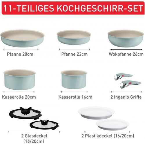 Tefal Ingenio Serenity 11-piece cookware set, Mineralia non-stick, stackable, suitable for all hob types, dishwasher safe