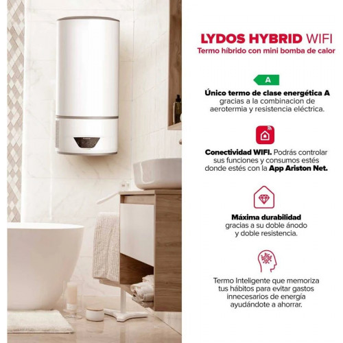 Termo eléctrico Con Aerotermia Ariston Lydos Hybrid Wifi + Depósito de Condensados + Soporte de Pared Instafix