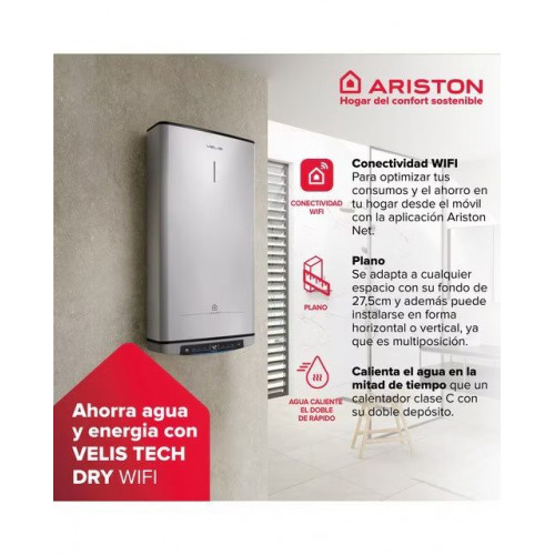 Termo eléctrico vertical/ horizontal Ariston 100 litros - VELIS DRY WIFI 100 Gris