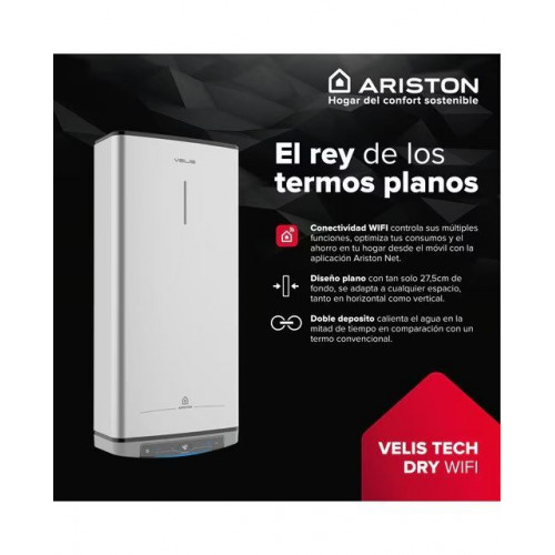 Termo eléctrico vertical/ horizontal Ariston 100 litros - VELIS DRY WIFI 100 Gris