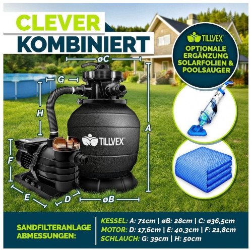 tillvex Black Sand Filter System 13,200 L/h for pools up to 40,000 L including 1200 g filter balls