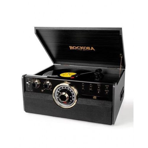 Tocadiscos Rockolla Vanguard con Bluetooth, CD, Radio, USB, Grabadora, Casete, MP3 y tarjetas SD Negro