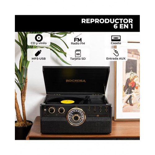 Tocadiscos Rockolla Vanguard con Bluetooth, CD, Radio, USB, Grabadora, Casete, MP3 y tarjetas SD Negro
