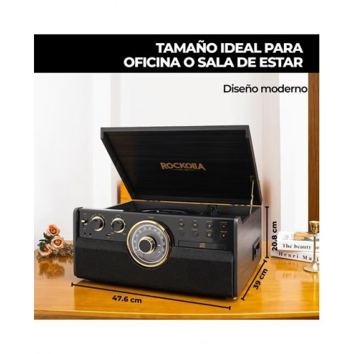 Tocadiscos Rockolla Vanguard con Bluetooth, CD, Radio, USB, Grabadora, Casete, MP3 y tarjetas SD Negro