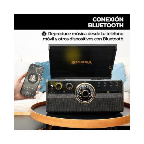 Tocadiscos Rockolla Vanguard con Bluetooth, CD, Radio, USB, Grabadora, Casete, MP3 y tarjetas SD Negro