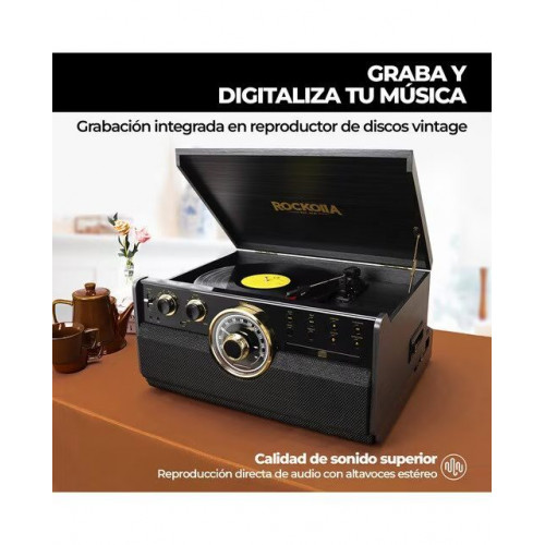 Tocadiscos Rockolla Vanguard con Bluetooth, CD, Radio, USB, Grabadora, Casete, MP3 y tarjetas SD Negro