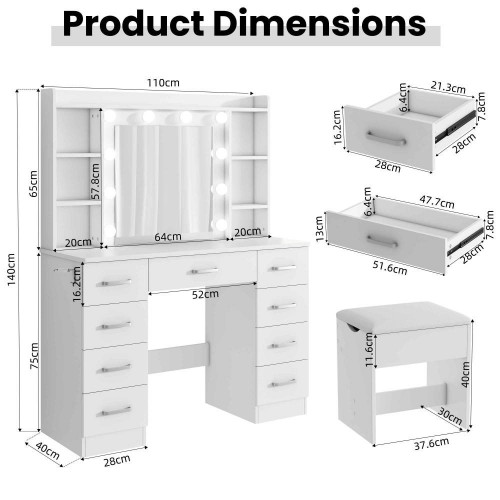 Tocador Blanco 110×40×145 cm con Espejo LED 10 Luces, USB, Taburete y Soporte para Secador
