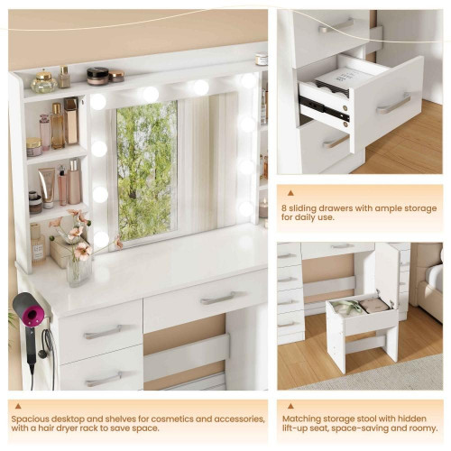 Tocador Blanco 110×40×145 cm con Espejo LED 10 Luces, USB, Taburete y Soporte para Secador