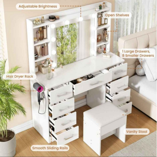 Tocador Blanco 110×40×145 cm con Espejo LED 10 Luces, USB, Taburete y Soporte para Secador