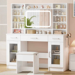 Tocador grande con iluminación y taburete: LED con brillo ajustable, tocador con espejo, mesa de maquillaje moderna con 3 cajones , blanco