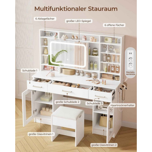 Tocador grande con iluminación y taburete: LED con brillo ajustable, tocador con espejo, mesa de maquillaje moderna con 3 cajones , blanco