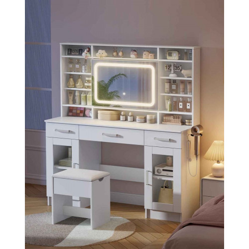 Tocador grande con iluminación y taburete: LED con brillo ajustable, tocador con espejo, mesa de maquillaje moderna con 3 cajones , blanco