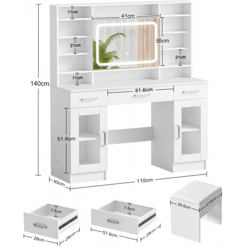 Tocador grande con iluminación y taburete: LED con brillo ajustable, tocador con espejo, mesa de maquillaje moderna con 3 cajones , blanco