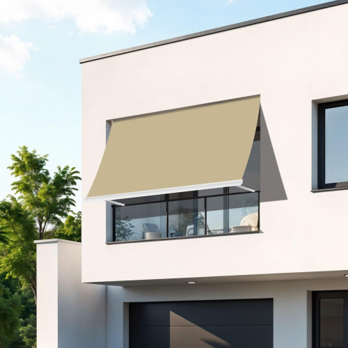 Toldo brazo estor 1.5x2m para balcón Malibú estructura blanca manual con manivela tela acrílica beige