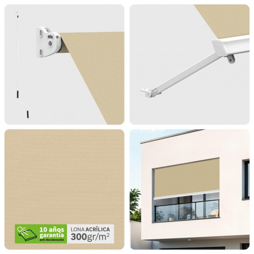Toldo brazo estor 1.5x2m para balcón Malibú estructura blanca manual con manivela tela acrílica beige