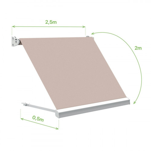 Toldo brazo estor 2.5x2m para balcón Malibú estructura blanca manual con manivela tela acrílica crudo