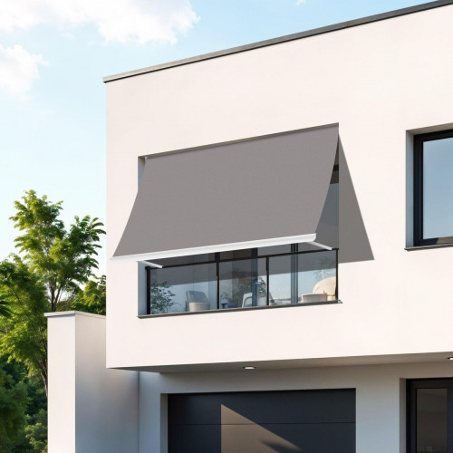 Toldo brazo estor 2.5x2m para balcón Malibú estructura blanca manual con manivela tela acrílica gris