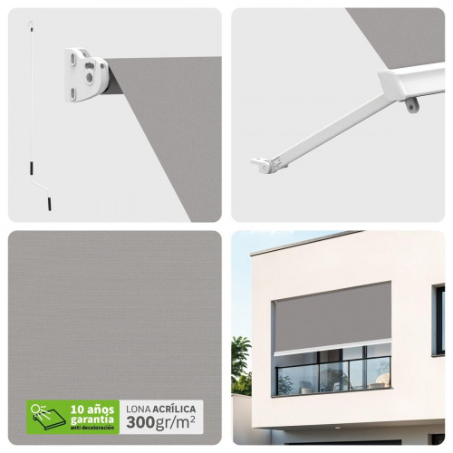 Toldo brazo estor 2.5x2m para balcón Malibú estructura blanca manual con manivela tela acrílica gris