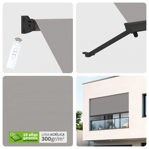 Toldo brazo estor 2.5x2m para balcón Malibú estructura gris motorizado con mando tela acrílica gris