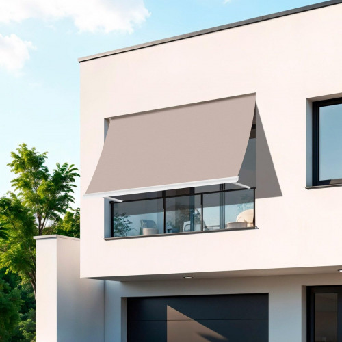 Toldo brazo estor 3x2m para balcón Malibú estructura blanca manual con manivela tela acrílica crudo