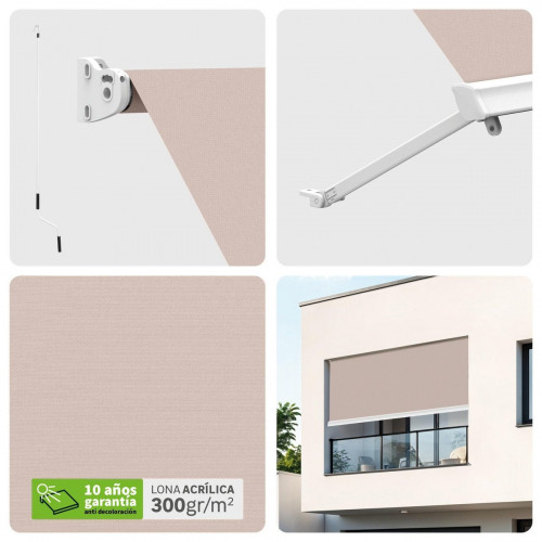 Toldo brazo estor 3x2m para balcón Malibú estructura blanca manual con manivela tela acrílica crudo