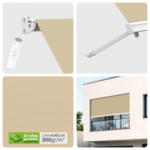 Toldo brazo estor 3x2m para balcón Malibú estructura blanca motorizado con mando tela acrílica beige
