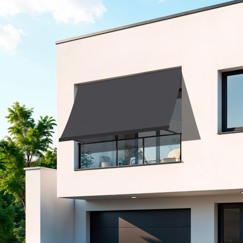 Toldo brazo estor 5x2m para balcón Malibú estructura gris manual con manivela tela acrílica gris oscuro