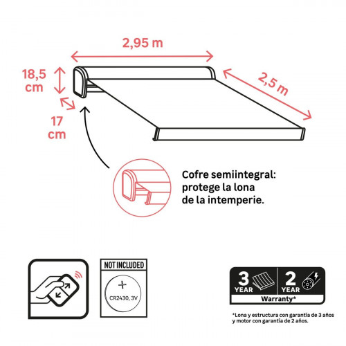 Toldo brazo extensible 2.95x2.5m para terraza Zefir II cofre blanco motorizado con mando tela poliester beige Naterial
