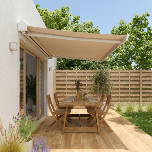 Toldo brazo extensible 2.95x2.5m para terraza Zefir II cofre blanco motorizado con mando tela poliester beige Naterial