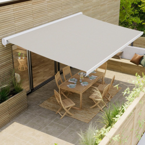Toldo brazo extensible 2.95x2m para terraza Loby cofre blanco manual con manivela tela acrílica beige Naterial