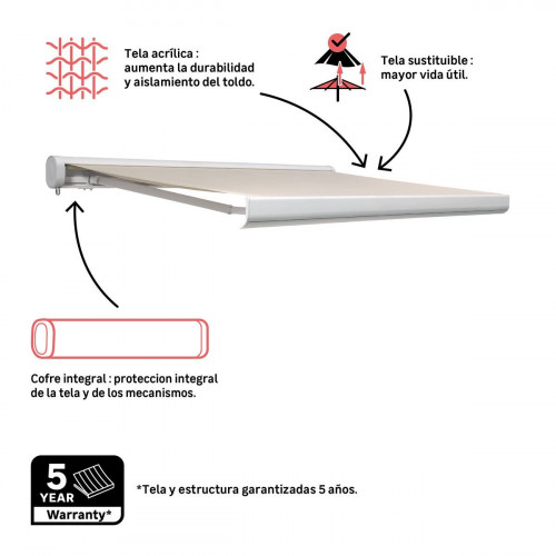 Toldo brazo extensible 2.95x2m para terraza Loby cofre blanco manual con manivela tela acrílica beige Naterial
