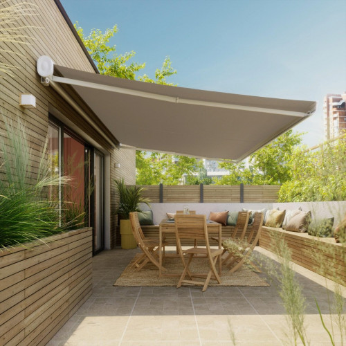 Toldo brazo extensible 2.95x2m para terraza Loby cofre blanco manual con manivela tela acrílica beige Naterial