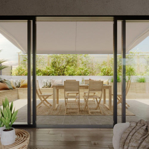 Toldo brazo extensible 2.95x2m para terraza Loby cofre blanco manual con manivela tela acrílica beige Naterial